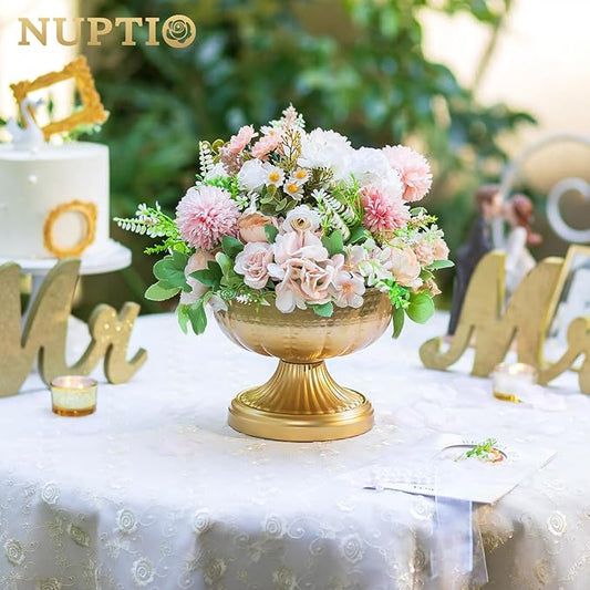 NUPTIO Gold Vases for Centerpieces Wedding: Hammered Brass Compote Vases for Small Flowers Arrangements - Metal Pedestal Bowl for Table Home Decor Set of 10