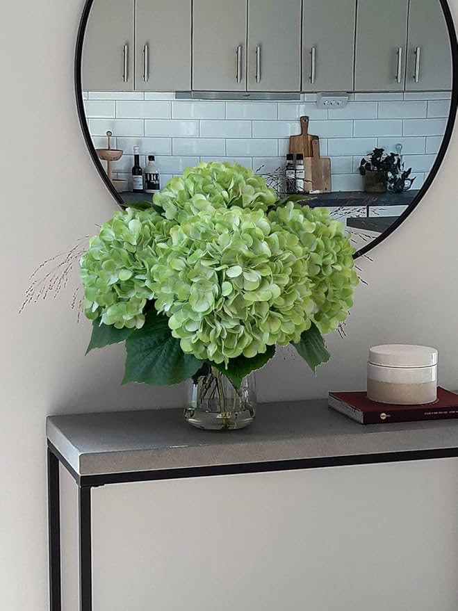 YalzoneMet 4Pcs Light Green Silk Hydrangea Artificial Flower Lifelike Big Blooms 20'' Long Stem Faux Hydrangea Flower Bouquets for Home Party Indoor Outdoor Wedding Table Centerpiece Decor