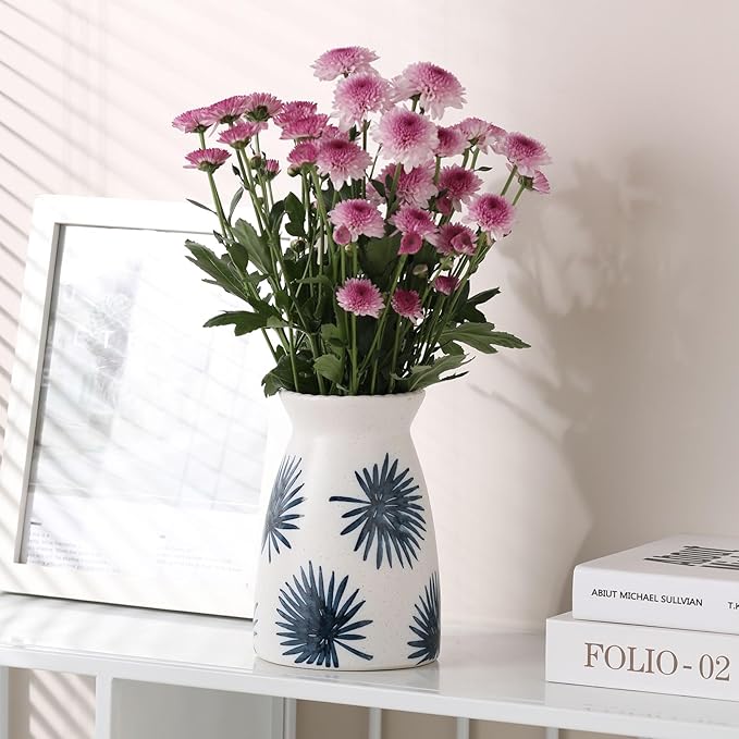 hjn White Flower Vase- Ceramic Vase for Decor, White vase for Flowers, Modern Vases for Living Room/Home Decor Accents/Entryway/Mantel/Bookshel-Teal