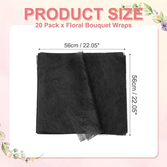 YELARXI Flower Wrapping Paper, Cotton Wrapping Flower Paper, Non-Woven Waterproof Floral Bouquet Wraps - Fitting for (Florist Supplies/Gift) 22 x 22 Inch & 20 Pack & Black