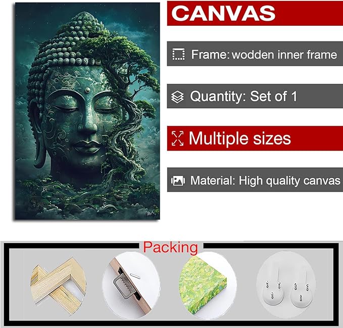 Buddha statue wall art canvas wall decor aesthetic picture mystical nature art for tranquil home and spiritual space 12x18in Wood Framed