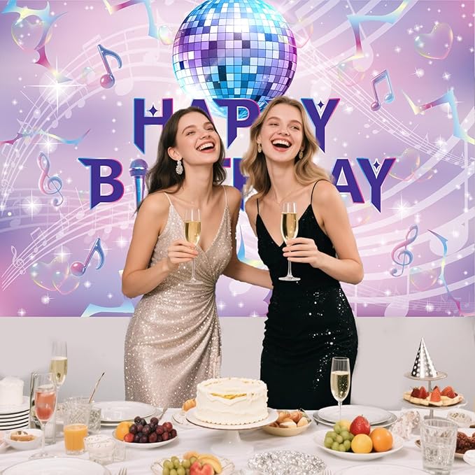 Pink Purple Birthday Backdrop, 1.5x1m/59.06x3.28ft Cartoon Happy Birthday Backdrop Dreamy & Funny Musical Themed Party Banner for Women Girl Celebration Decoration