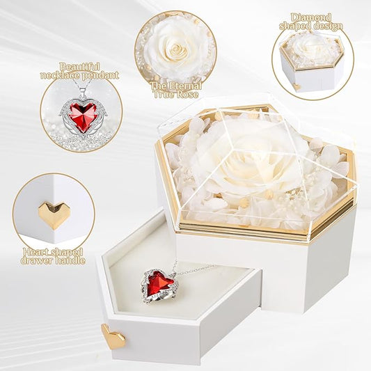 Preserved White Real Rose with Necklace Forever Flowers Diamond shaped Box for Mom Wife Girlfriend Grandma on Mothers Day Birthday Valentines Christmas Anniversary Beatiful Gifts for women
