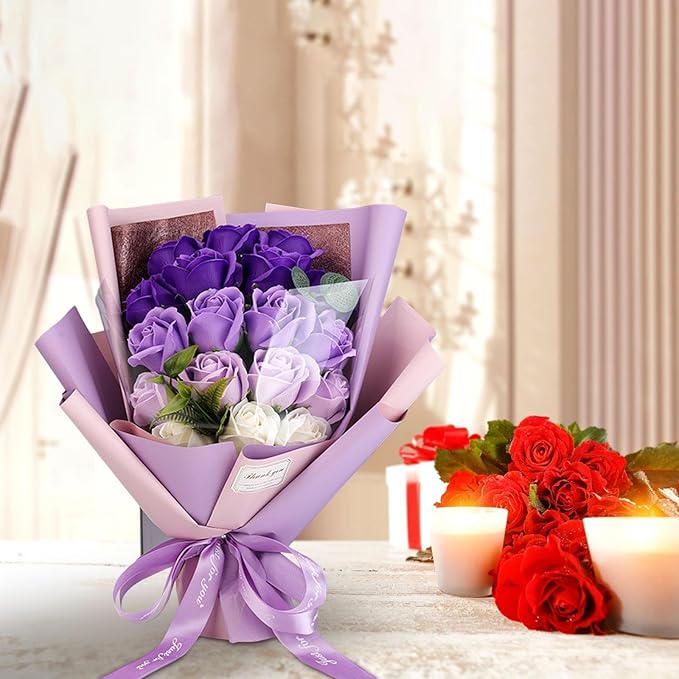 Roses Bouquet Artificial Flower - Preserved Red Rose Flowers with Love Necklace for Her Unique Gift for Birthday, Valentine's Day, Mother's Day, Thanksgiving, Christmas, Anniversary (Purple and White)