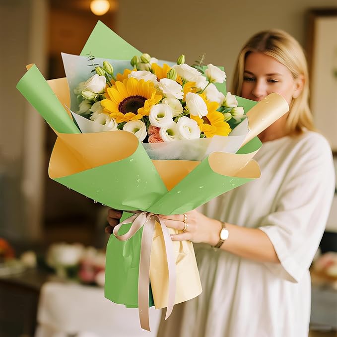WRAPAHOLIC 20 Sheets Flower Wrapping Paper - 22.4 x 22.4 inch Matcha Green Color Water-Resistant Floral Bouquet Wrapping Paper, Florist Supplies Packaging for Christmas Birthday Gift DIY