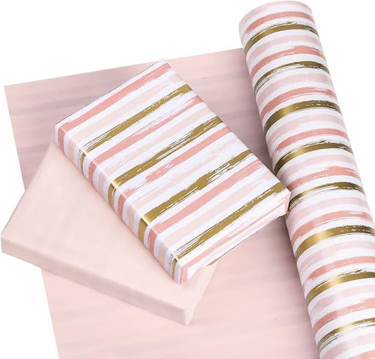 WRAPAHOLIC Reversible Pink Wrapping Paper - Mini Roll - 17 Inch X 33 Feet - Pink Gold Lines and Solid Pink Design for Girls Birthday, Baby Shower, Wedding, Bridal Shower