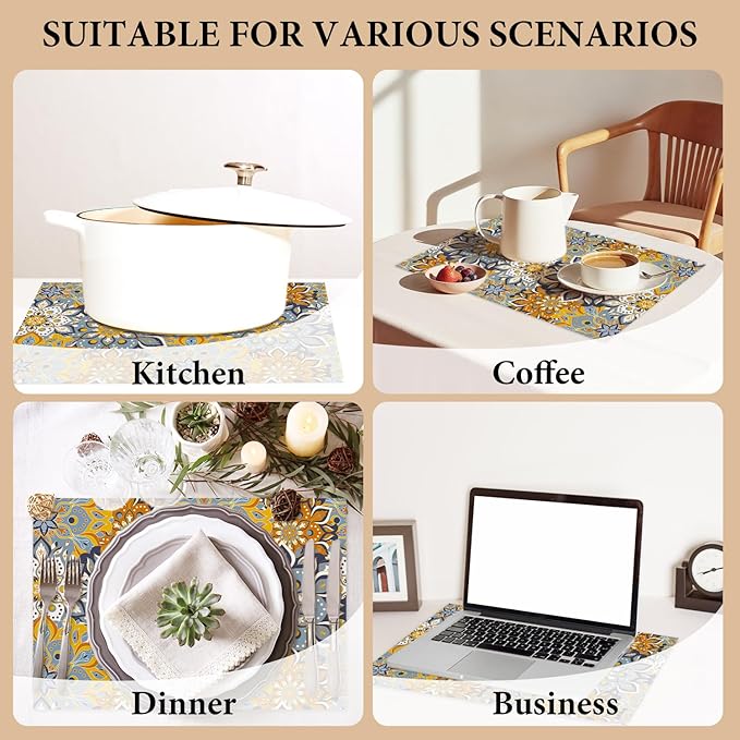 Cotton Linen Waterproof Placemats Set of 4, Blue Teal Flowers Bohemian Dining Mat Table Mats Decor Fabric for Kitchen Dinner Coffee Shop Table, Indoor/Outdoor Washable Wipeable Placemat -N018