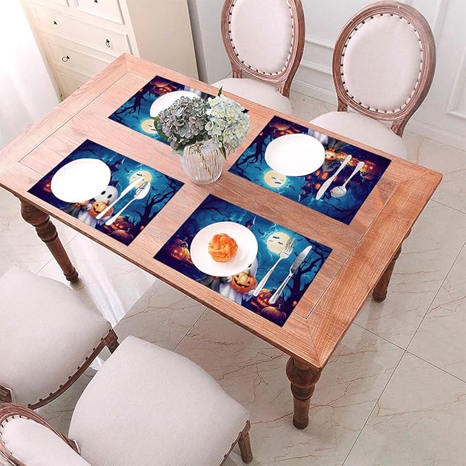 PVC Placemats Set of 4 Wipeable Table Mats Washable Heat Resistant Non Slip Vinyl Dining Table Mat for Kitchen Indoor Outdoor Patio Farmhouse Place Mats Halloween Castle Pumpkin Ghosts Decorative