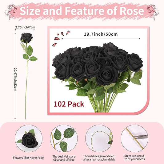 102 PCS Black Roses Artificial Flowers, Fake Roses Bouquet, Artificial Black Rose with Stems for Wedding Flowers Decoration, Valentines Day Mothers Day, Bridal Bouquet Rose