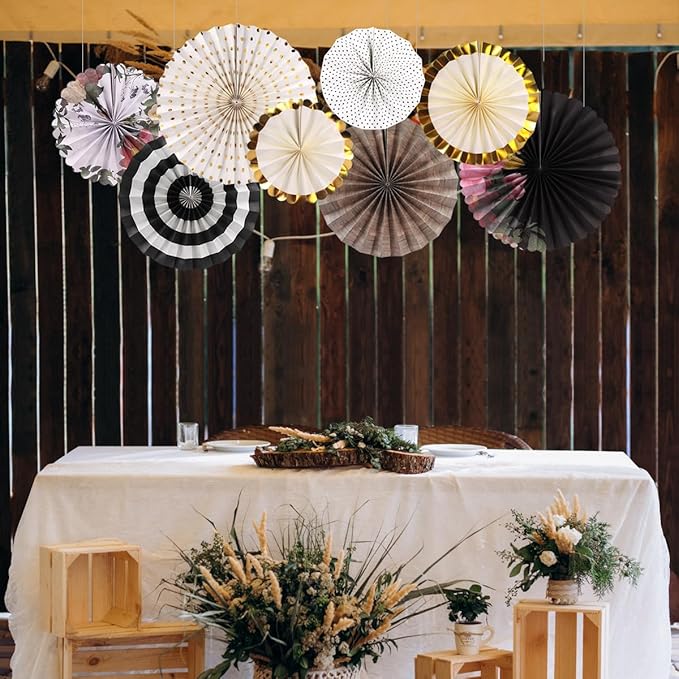zilue Paper Fans Party Decorations Paper Flowers Decorations for Wall Classroom Floral Backdrop Baby Shower Birthday Party Flower Wall Decor Pack of 8 Vintage Black Ivory
