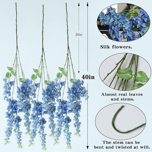 Dailisen 3 Strands 40'' Silk Blue Wisteria Artificial Flowers, Fake Wisteria Floral Hanging Plant Garland, for Home Decor, Party, Floor Vase, Balcony, Wedding Arrangement Decoration (Blue)
