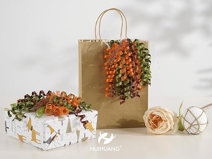 HUIHUANG Fall Bows for Gift Wrapping Moss Green/Orange/Brown Curly Bows with Self Adhesive & Twist Tie, 7 inch Sheer Satin Ribbon Bow for Presents, Gift Basket, Fall Decor, Party Favors- 6 Counts