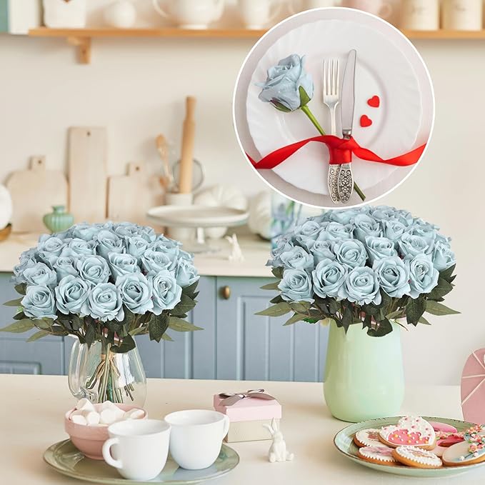 30pcs Fake Roses Artificial Silk Flowers Long Stems Bouquet for Wedding Bridal Shower Party Home Decoration (Dusty Blue)