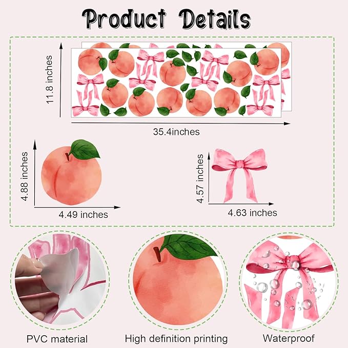 Watercolor Peach Wall Stickers, Peach with Pink Bow Vinyl Wall Decals, Removable Summer Fruit Wall Art for Girls Bedroom Kitchen Toddler Room Decor