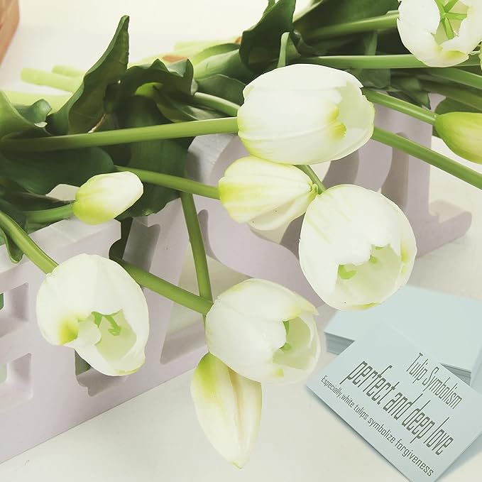 20pcs Artificial Tulip Flowers,16 Inch Real Touch Tulip Stems with Faux Leaves, Faux Tulips and Buds for Home Décor Centerpiece Ornament Wedding Bouquet,White