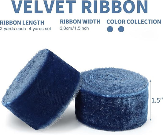 Dusty Blue Velvet Ribbon Handmade Fringe Fabric Ribbons for Crafts Flower Bouquet Wedding Decorations 2 Rolls 1 1/2 Inch x 2 Yd (4 Yards Total)