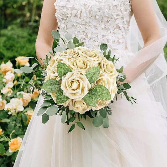 AmyHomie 25pcs Real Looking Artificial Beige Roses w/Stem for DIY Wedding Bouquets Centerpieces Arrangements Party Baby Shower Valentines Day Christmas Tree Decorations