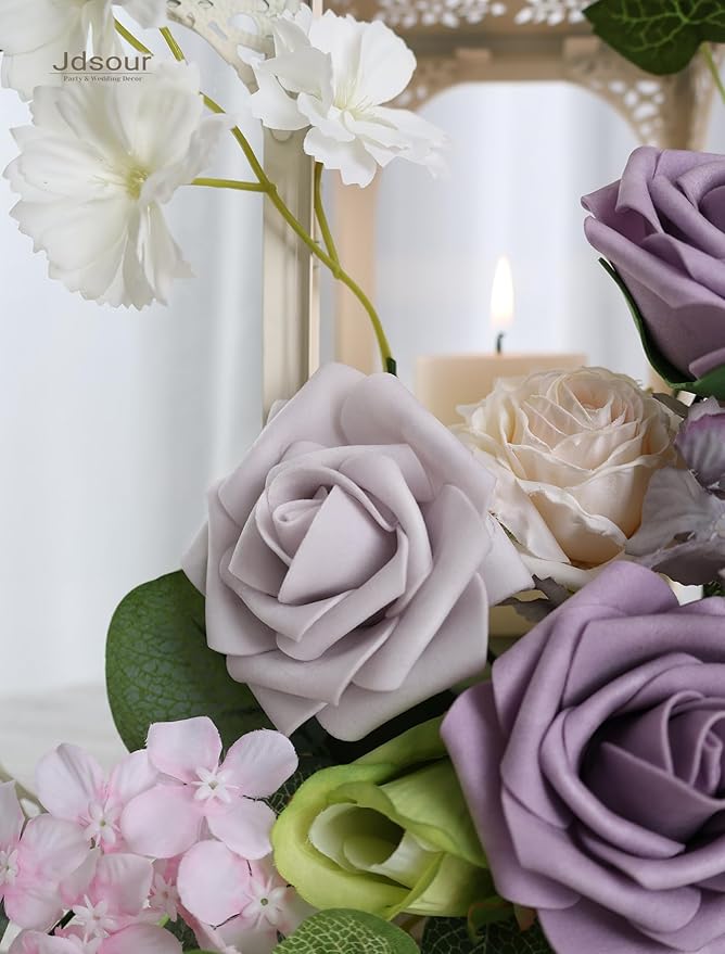 50pcs Artificial Flower,Real Touch Foam Roses w/Stem DIY for Wedding Bouquet Centerpieces Party Shower Home Decor-Violet Lavender Purple