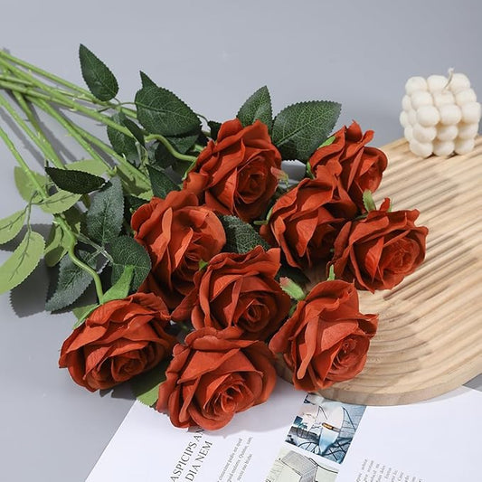 Laelfe 12 PCS Artificial Flowers Roses Silk Flowers Fake Long Stem Artificial Roses for Home Wedding Bathroom Kitchen Decorations(Brown Orange)