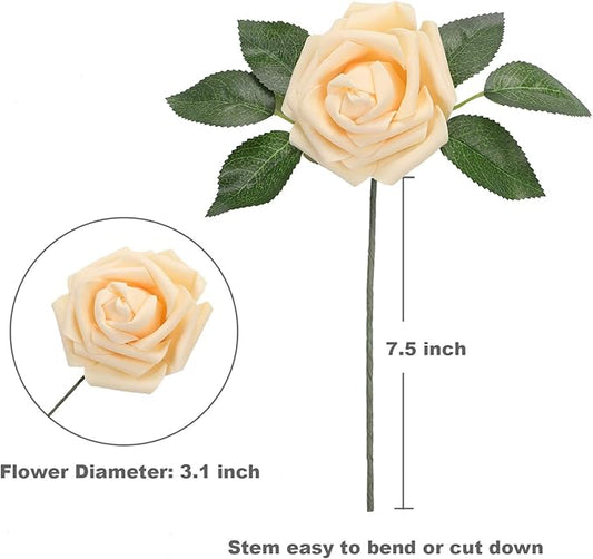 Artificial Flowers Roses 50pcs Champagne Roses Wedding Bouquets Real Looking Foam Fake Roses with Stems for DIY Bridal Shower Centerpieces Arrangements Party Tables Decorations