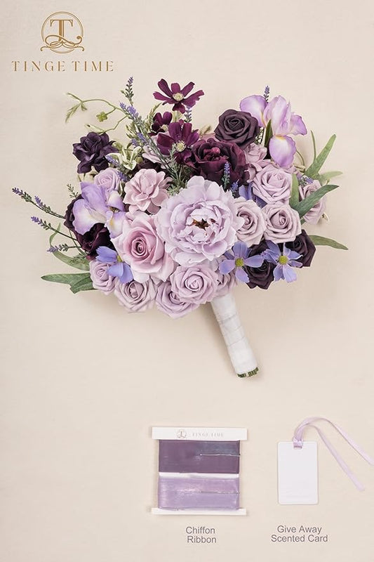 TINGE TIME 17 Inch Artificial Bridal Bouquet Realistic Silk Wedding Bouquet, Durable Fake Flowers for Brides, Bridesmaids, Home Decor, and Events (Lavender & Plum)