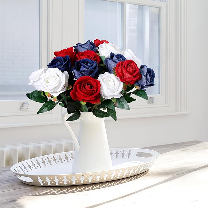 SITUMEIZI 15PCS 4th of July Flowers Roses Artificial Silk Flowers Patriotic Fake Bouquet with Long Stem for Independence Day Home Decor Bouquets Party Table Centerpiece(Mix,3)