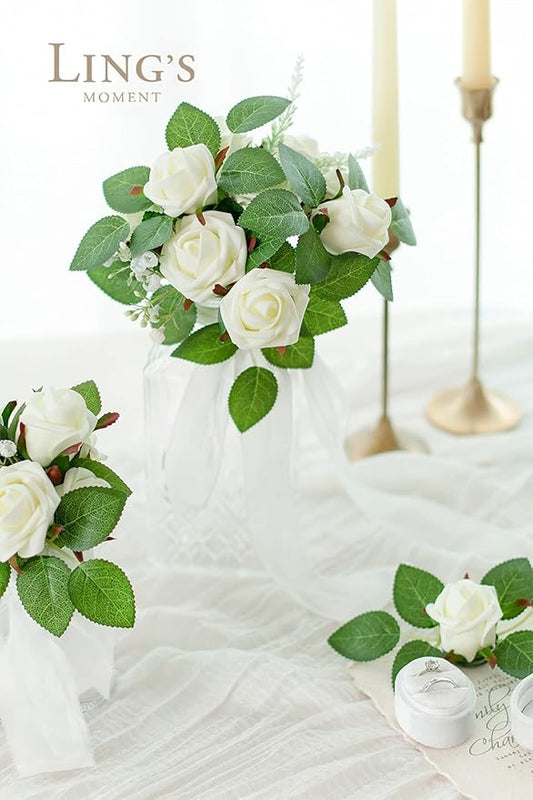 Ling's moment Artificial Wedding Flowers 1.5" Rose Buds and 2" Petite Roses 25pcs Ivory w/Stem for DIY Wedding Boutonniere Wrist Corsages Bouquets Centerpieces Arrangements