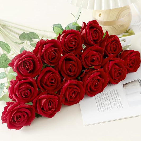 15Pcs Pearl Red Roses Artificial Flowers Fake Roses Long Stem Velet Rose Silk Flowers for Home Wedding Decoration (Pearl Roses,Red)