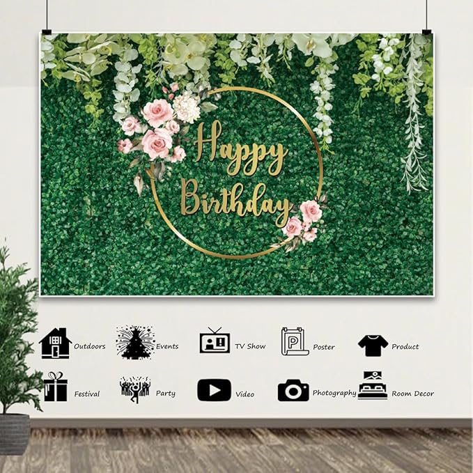 5x3ft Happy Birthday Backdrop Green Grass Flowers Wall Greenery Green Leaves Nature Botanical Photography Background Birthday Party Anniversary Portrait Studio Photo Props Polyester
