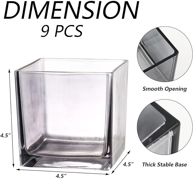 Square Glass Vases Set of 9, 5" x 5" x 5" Grey Flower Vases for Centerpieces, Square Vase for Flowers, Small Vase for Wedding, Party, Home Office Decoration