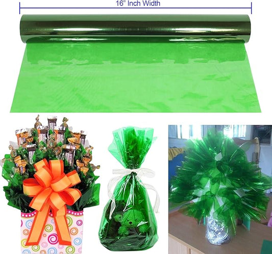 Cellophane Wrap Roll Green | 100’ Ft. Long X 16” in. Wide | 2.3 Mil Thick Transparent Green | Gifts, Baskets, Arts & Crafts, Treats, Cellophane Wrapping Paper | Colorful Cello Christmas, Holiday Color