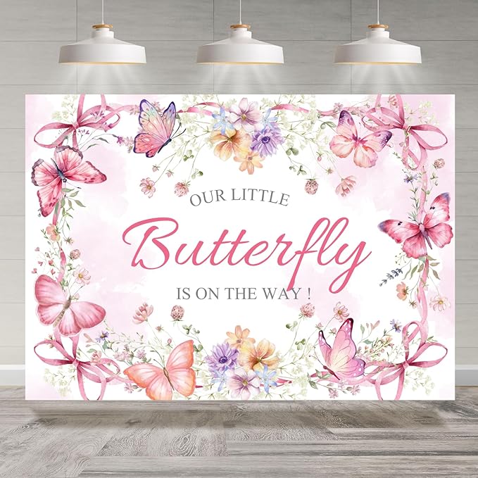 1st Birthday Backdrop Little Butterfly is Turning One Background for Photography Girls Kids Bowknot Floral First Birthday Party Decorations Cake Table Banner Photo Booth Studio Props 7x5ft