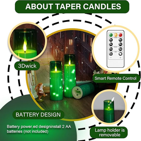 Flameless LED Candles with Timer 5 Pc Flickering Flameless Candles for Romantic Ambiance and Home Decoration Stable Acrylic Shell,with Embedded Star String,Battery Operated Candles(Green)