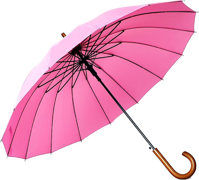 SoulRain 16 Ribs 48" Stick Umbrella Auto Open Solid Color Fashionable and Simple,Arc Classic Wood Handle,Windproof Unbreakable Stick Rain Umbrella