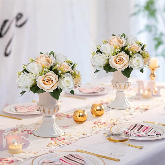 Sziqiqi Faux Silk Rose Flowers Artificial Flowers for Wedding Party Centerpiece Decorations Home Decorative Flowers, Champagne & White