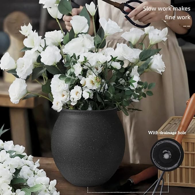 Large Black Ceramic Vase,Wide-mouthed Round Planter with Drainage Hole, 9.7 Inch Tall Minimalist Farmhouse Decor for Indoor Flowers, Plants, Table Centerpiece, Shelf, Floor,Living Room (Matte Black)