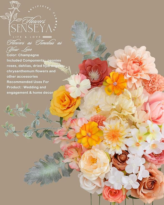 Senseya Artificial Flowers Combo, Champagne Silk Roses, Peonies, Dahlias with Stems for DIY Wedding Bouquets, Baby Shower, Table Centerpieces, Home Decor, Fake Floral Arrangements, Party Decorations