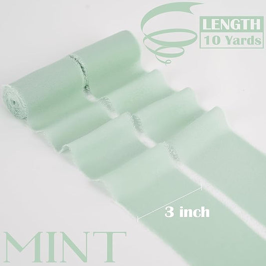 MEEDEE Mint Green Chiffon Ribbon 3 Inch Green Frayed Chiffon Silk Fringe Ribbon Wide Chiffon for Crafts, Flower Bouquet, Wedding Favors Wrapping (2 Rolls 10 Yards)