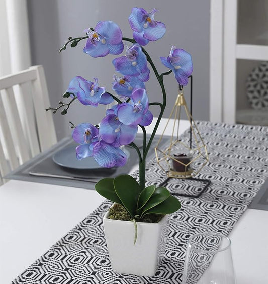 15" Tall Artificial Silk Phalaenopsis Orchid Flower Plant Pot Arrangements (Purple Blue)