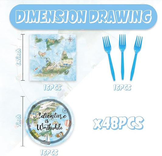48pcs Adventure World Awaits Map Party Decoration Set,16 Dessert plate,16 Napkin And 16 Fork,16 persons Disposable tableware,Used The Adventure Begin Birthday Party Supplies