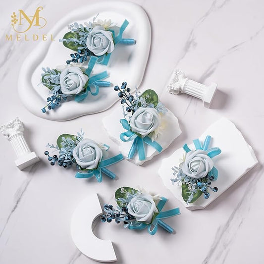 Meldel Blue Boutonniere for Men Wedding, Set of 6, Best Man Groom Groomsmen Boutonniere, Men Boutonnieres for Wedding Prom Party Homecoming Graduation