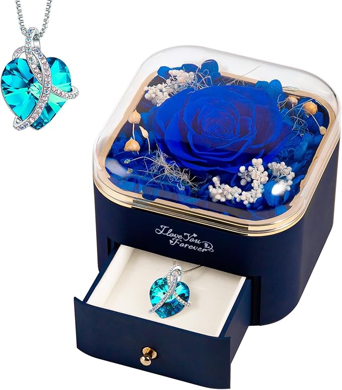 WILDLOVE Preserved Real Blue Rose with Heart Necklace, Forever Flowers Gifts for Mom Grandma Wife Girlfriend at Christmas, Valentines, Mothers Day, Anniversary or Birthday Gifts for Women