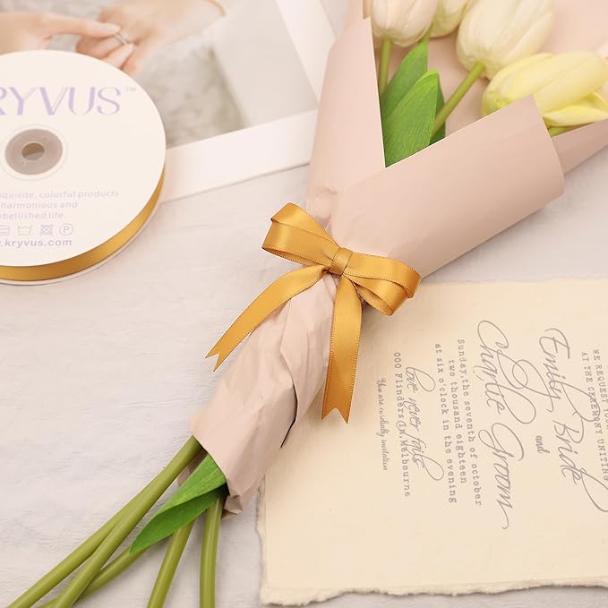 Old Gold Satin Ribbon, Double Faced 5/8 Inch X 25 Yards Old Gold Ribbon, Premium Satin Ribbon for Gift Wrapping, Crafts, Hair Bow Making, Sewing, Flower Bouquet, Wedding Party Decor
