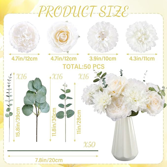 98 Pcs Assorted Faux Flowers Heads with Stem Eucalyptus Leaves Silk Artificial Flowers Bouquet Floral Table Centerpieces for DIY Wedding Party Wreath Home Decoration (White,Classic Style)
