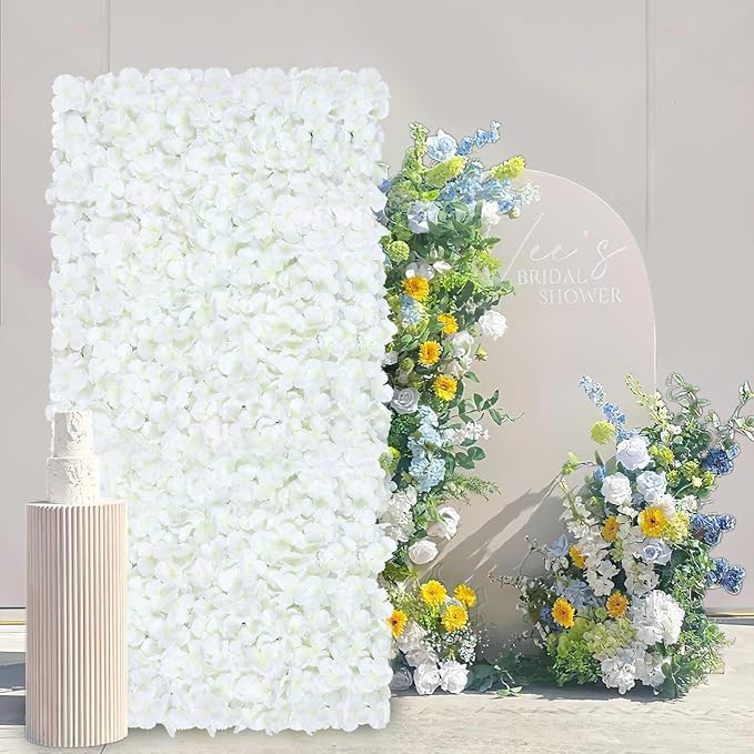 White Flower Wall Panels Backdrop with Green: Wedding Artificial Flower Wall Backdrop 3.75ft by 5ft Hydrangea Floral Wall for Anniversary Graduation Party Decoration (12 Pcs 15 x 15 Inch)