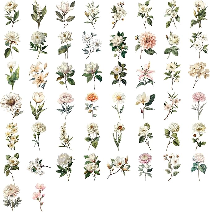 50 Pcs Vintage Flower Stickers,Waterproof PET Sticker Self-Aesthetic Floral Decoration for Journaling, Laptop, Guitar, Phone Case DIY Scrapbooking