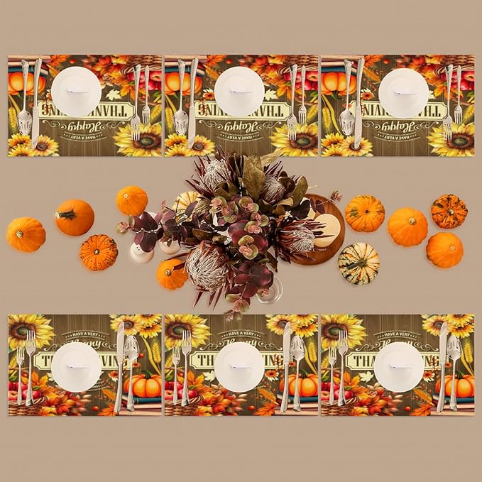 Thanksgiving Holiday Pumpkins Fall Placemats Set of 4 PVC Vinyl Non Slip Table Mats Heat Resistant Place Mats Washable Wipeable Dining Table Mat for Kitchen Decor Party Indoor Outdoor Decorative Gift