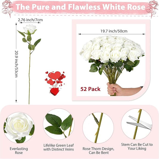 White Roses Artificial Flowers Bulk, 52Pcs Fake Roses White Flowers, DIY Silk Faux Roses Bouquet, Realistic White Faux Flowers Mohter's Day Valentine's Day Decor