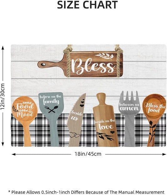 Fork Spoon Kitchen Table Placemats Set of 6 Retro Wooden Tableware Print Placemat Indoor Outdoor Party Home Desktop Dining Room Decoration 12x18 Inch