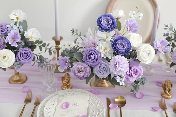 YYHUAWU Artificial Flowers Combo Set Purple Fake Flower Leaf Box with Stems for DIY Wedding Bouquets Centerpieces Flower Arrangements Decorations Baby Shower Party Home Decorations